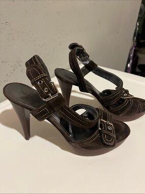 Marc Fisher Dark Brown Suede Buckle High Heel Sandals